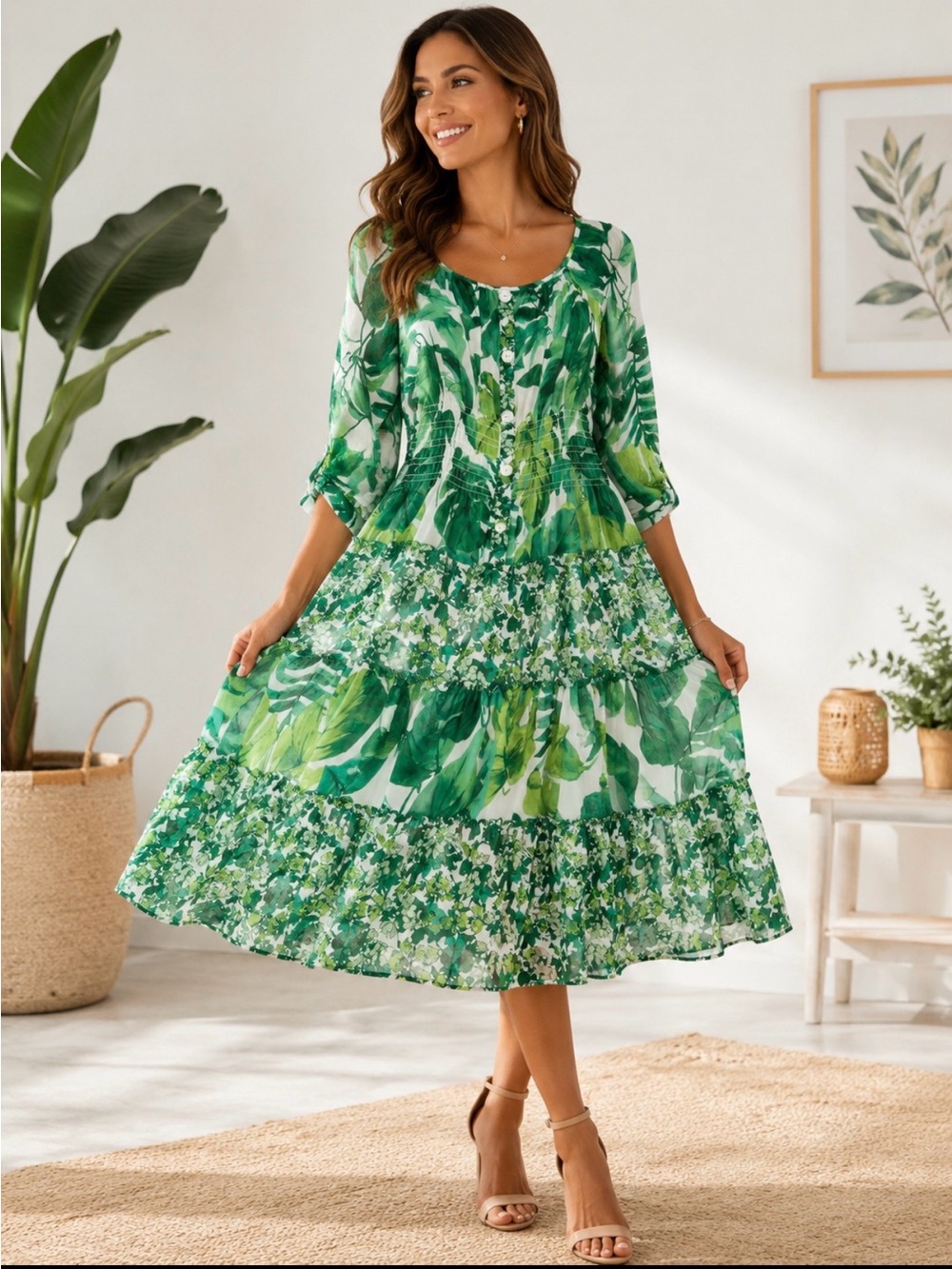 Figueroa & Flowers Green Botanical Floral Dress Size L Cottagecore Boho Midi